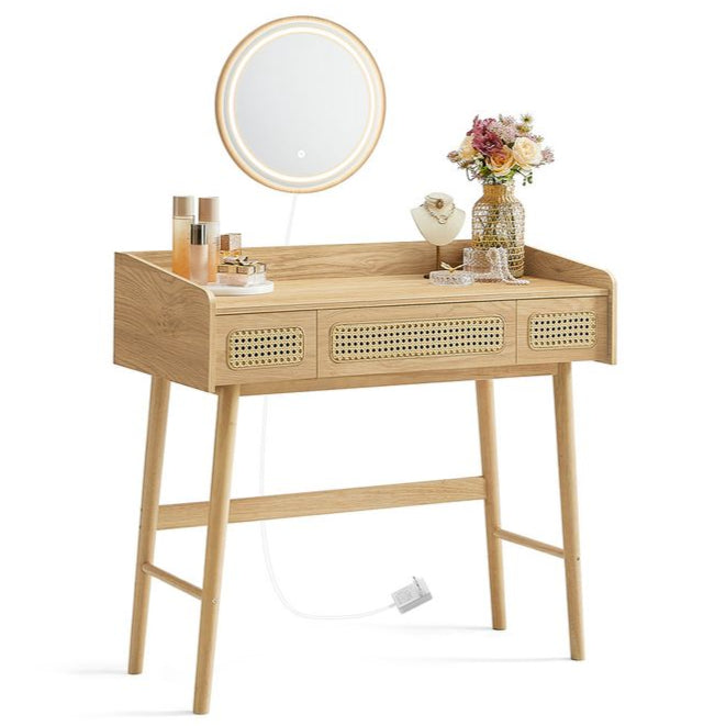 Nancy's Borrello Kaptafel - Make-up Tafel - Cosmetica Tafel - Met Spiegel en LED-verlichting - Eiken Beige - ± 40 x 90 x 80 cm