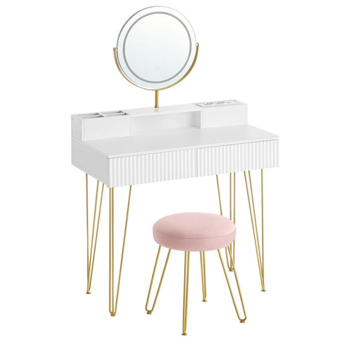 Nancy's Peso Kaptafel met Hocker - Make Up Tafel met Spiegel - Make Up Verlichting - Wit / Goud - ± 40 x 80 x 135 cm