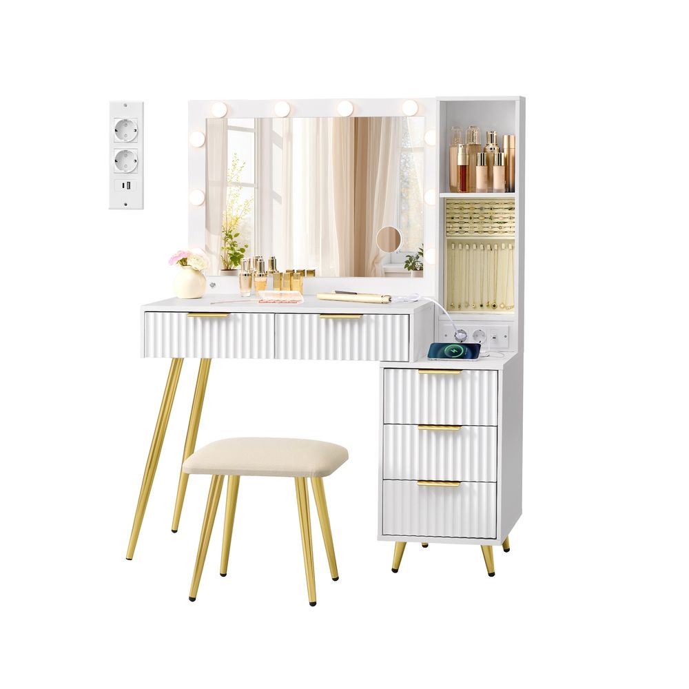 Nancy's Pinzolo Kaptafel met krukje - Make Up Tafel - Spiegel met LED Verlichting - Wit - 110 x 40 x 135 cm