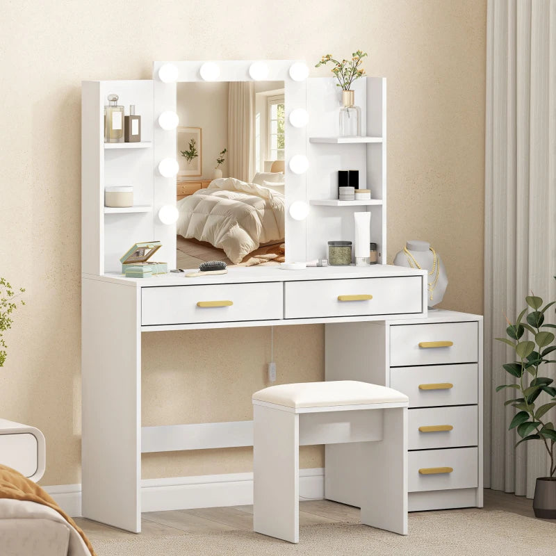 Nancy's Pontboset Kaptafel met Kruk - Make Up Tafel met Verlichting - Hollywood Spiegel - Wit - 120 x 40 x 140 cm