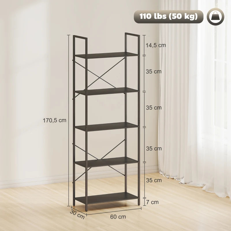 Nancy's Oulx Boekenkast - Opbergkast - 5 Niveaus - Zwart - Staal - ± 60 x 30 x 170 cm