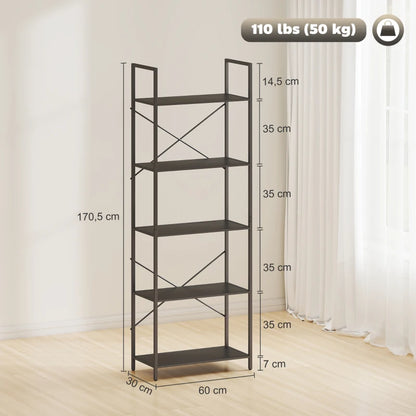 Nancy's Oulx Boekenkast - Opbergkast - 5 Niveaus - Zwart - Staal - ± 60 x 30 x 170 cm