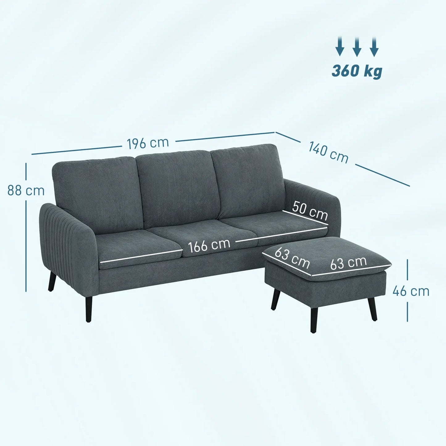 Nancy's Cupra 3-Zitsbank - Zitbank - L-vormige Bank - Met Hocker - Antraciet - Ribfluweel - ± 195 x 140 x 90 cm