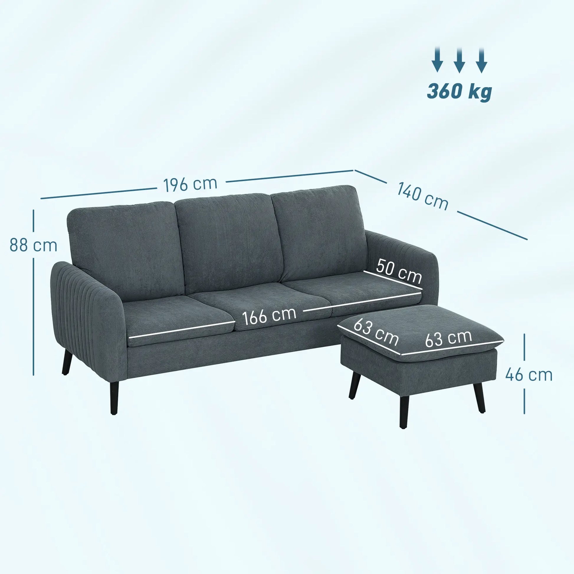 Nancy's Cupra 3-Zitsbank - Zitbank - L-vormige Bank - Met Hocker - Antraciet - Ribfluweel - ± 195 x 140 x 90 cm