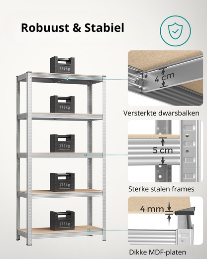 Nancy's Stelvio Stellingkasten Set van 2 - Opbergrek - Opbergkast - Verstelbare legplanken - Zilver - Staal - 90 x 40 x 180 cm