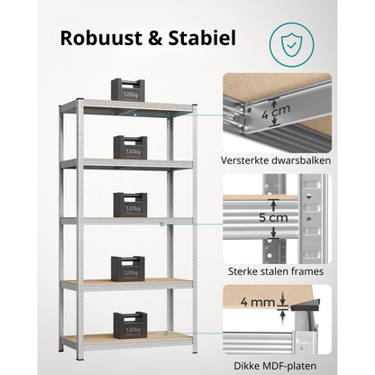 Nancy's Stezzano Stellingkast Set van 2 - Opbergrek - Opbergkast - Zilver - Staal - 100 x 50 x 200 cm