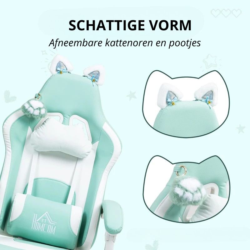 Nancy's Panni Gamestoel - Gaming Stoel - Bureaustoel - Kattenstijl - Zeeblauw - Kunstleer