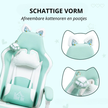 Nancy's Panni Gamestoel - Gaming Stoel - Bureaustoel - Kattenstijl - Zeeblauw - Kunstleer