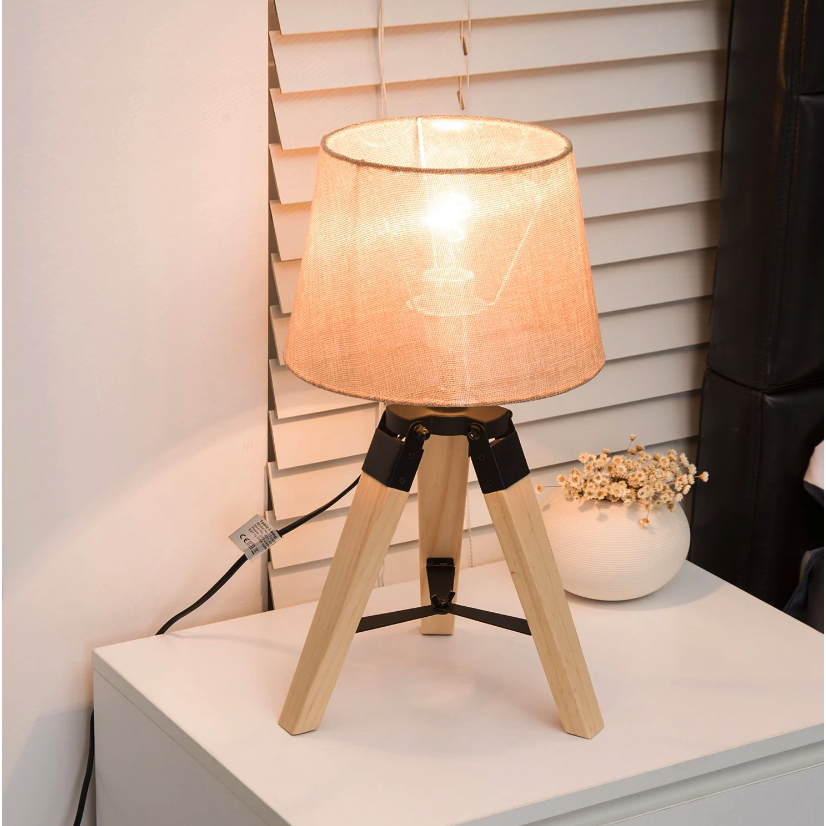 Lampe de table Nancy's Lakeville - Lumineuse - Éclairage de table - Trépied - E27 - Lin - Pin - Beige/Gris - Trépied - 40W - 24 x 24 x 45 cm