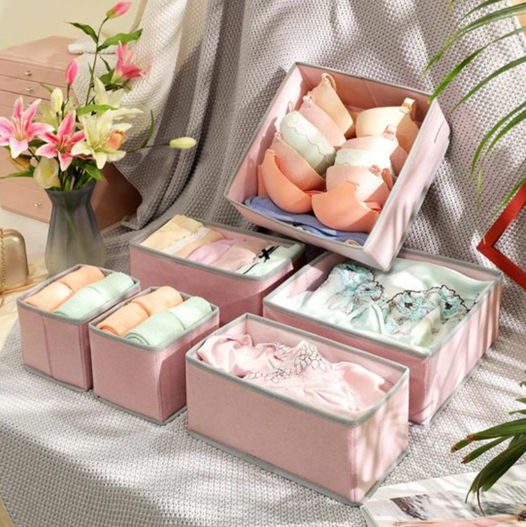 Nancy's Hammond Opbergdozen - Set Van 6 - Organizers - Opvouwbaar - Stof - Ondergoed - Grijs - Diverse Afmetingen