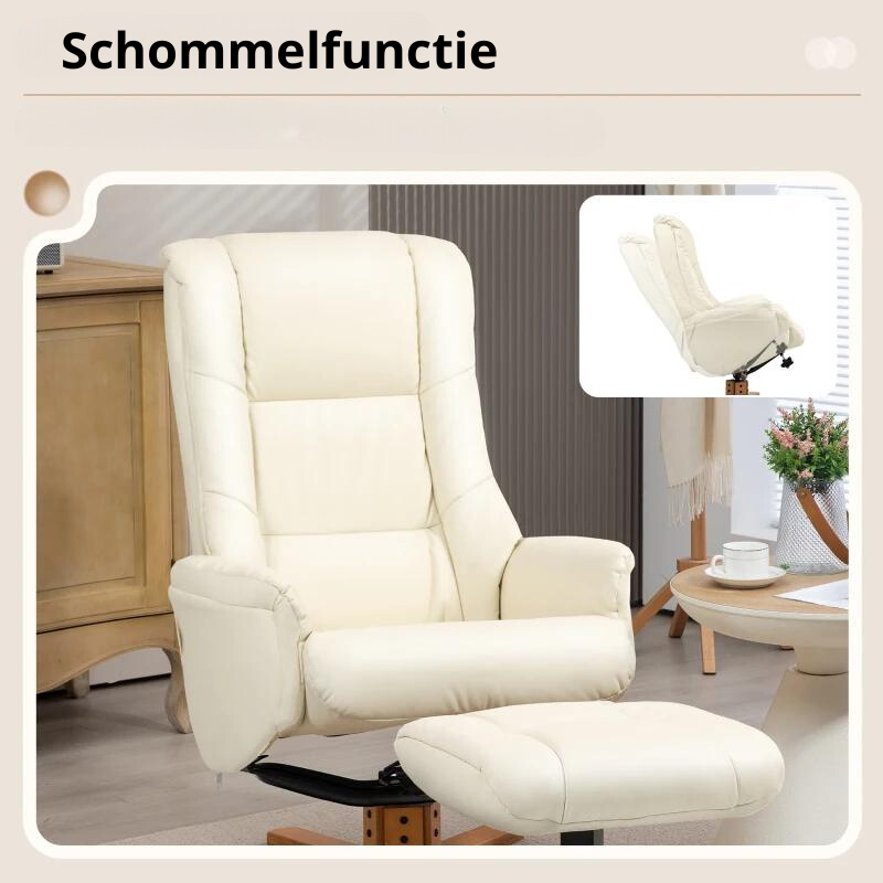 Nancy's Creixomil Relaxfauteuil - Relaxstoel - Ligstoel - Verstelbare Rugleuning - Schommelfunctie -Met Voetenbankje - Roomwit - Kunstleer / Hout