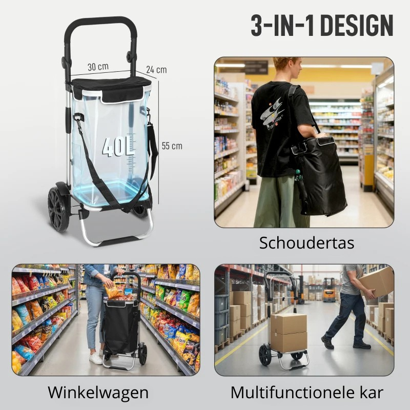 Nancy's Nerviano Boodschappentrolley - Boodschappenkar - Boodschappenwagentje - Zwart / Zilver - 40 Liter