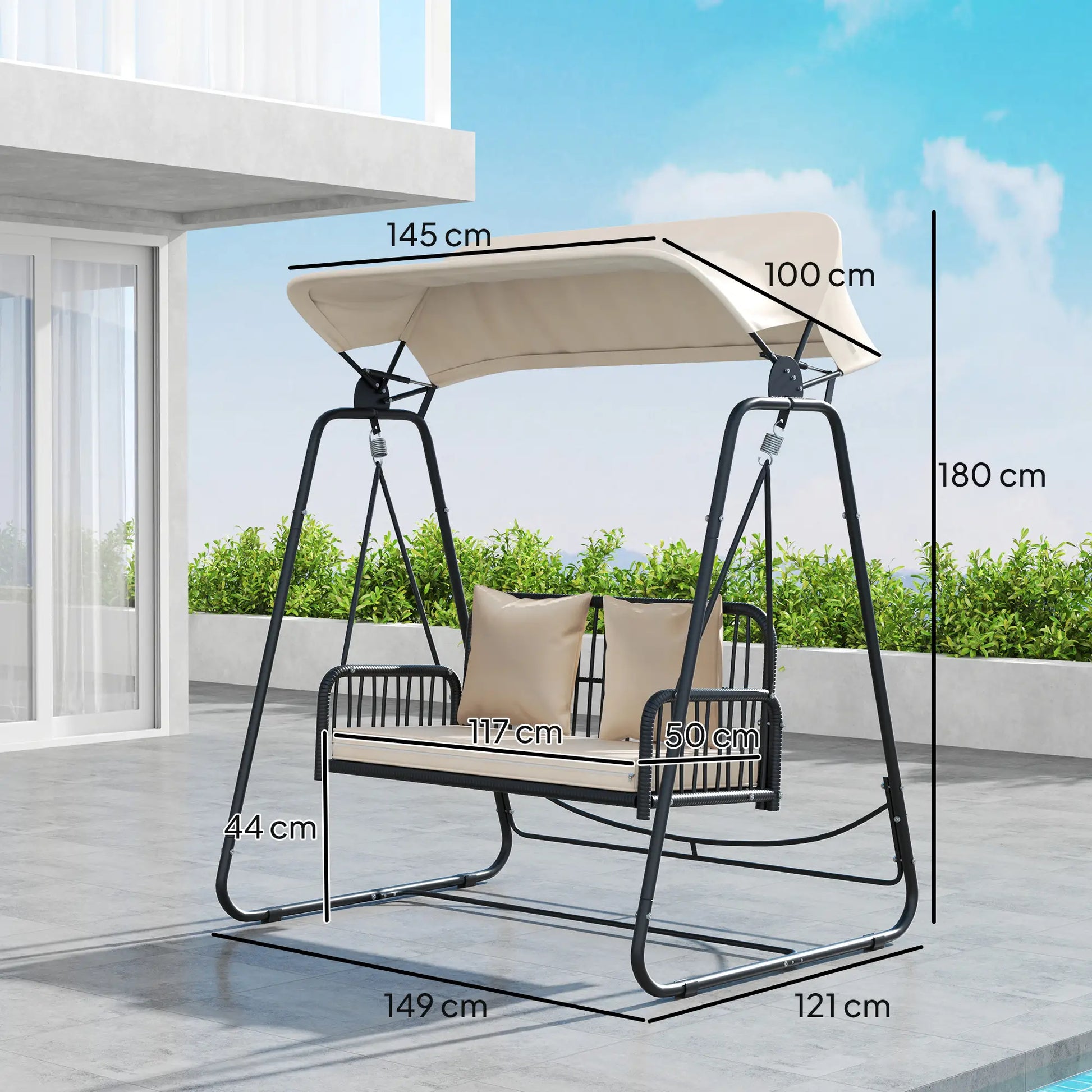 Nancy's Chiavarese Schommelbank - Tuinschommel - Hollywoodschommel - Zwart / Kaki - Rotan - ± 150 x 120 x 180 cm