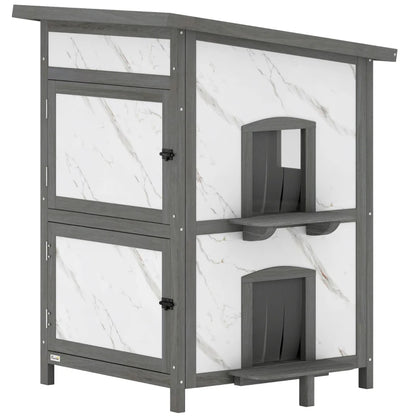 Nancy's Pesaro Kattenhuis - Kattenvilla - Kattengrot - Grijs / Wit - Dennenhout - ± 60 x 60 x 90 cm