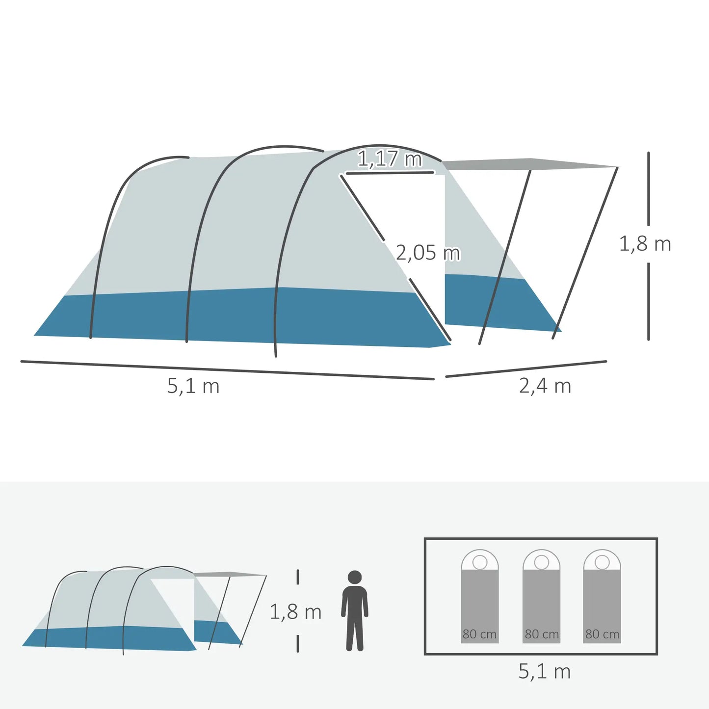 Nancy's Concesio Kampeertent - Camping Tent - Voor 6-8 personen - Blauw - 510 x 240 x 180 cm