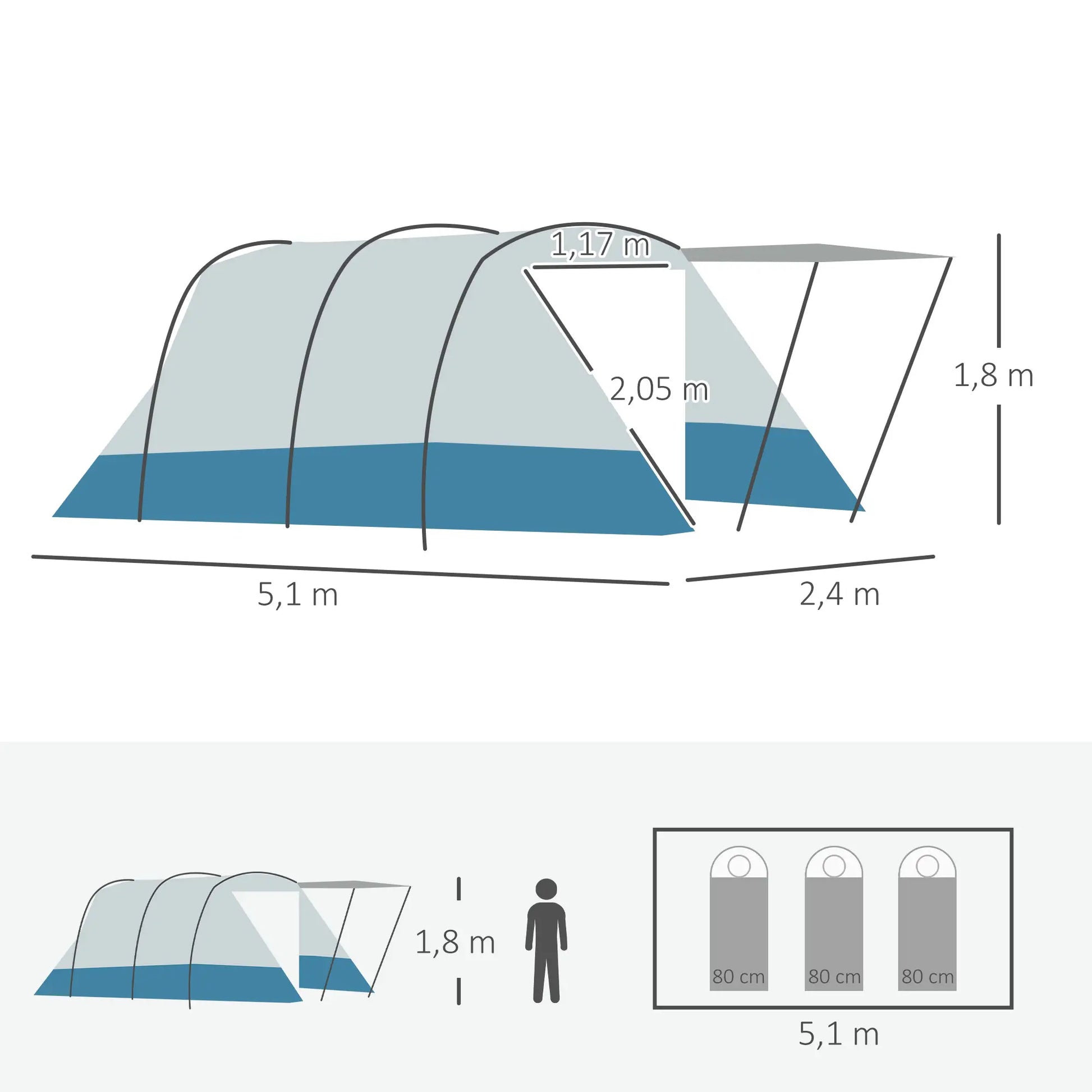 Nancy's Concesio Kampeertent - Camping Tent - Voor 6-8 personen - Blauw - 510 x 240 x 180 cm