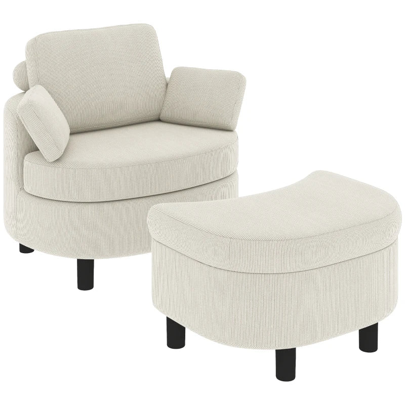 Nancy's Terenten Lounge Fauteuil - Relaxfauteuil - Loungestoel - Inclusief Voetenbankje - Verstelbaar - Crèmewit - Corduroy look