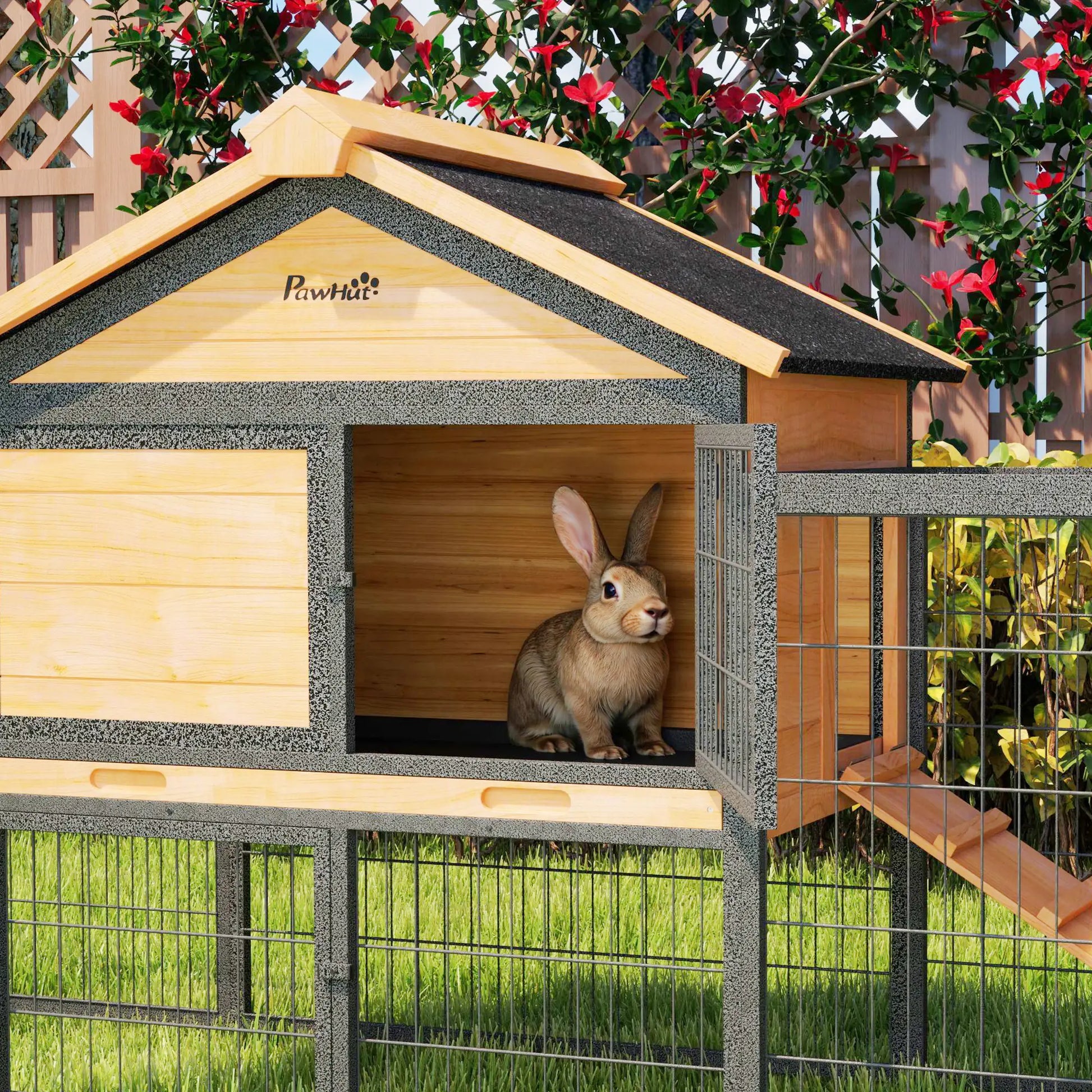 Nancy's Emarese Dierenhok - Konijnenhok - Dierenverblijf - Dennenhout / Staal - ± 215 x 55 x 85 cm