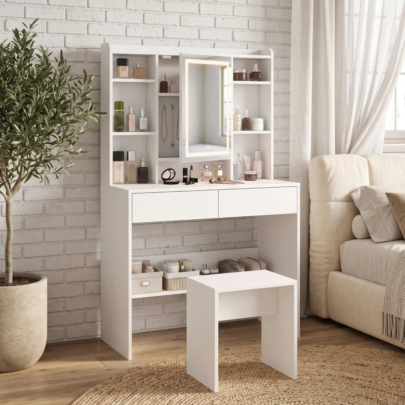 Nancy's Valleve Kaptafel - Make Up Tafel - Make-Up Tafel met Spiegel - LED-Verlichting - Wit ± 90 x 40 x 145 cm