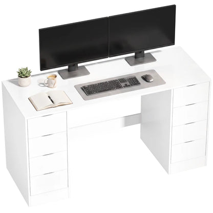 Nancy's Trecate Bureau - 8 Lades - Ruim werkblad - Wit - Spaanplaat / MDF - ± 140 x 55 x 75 cm