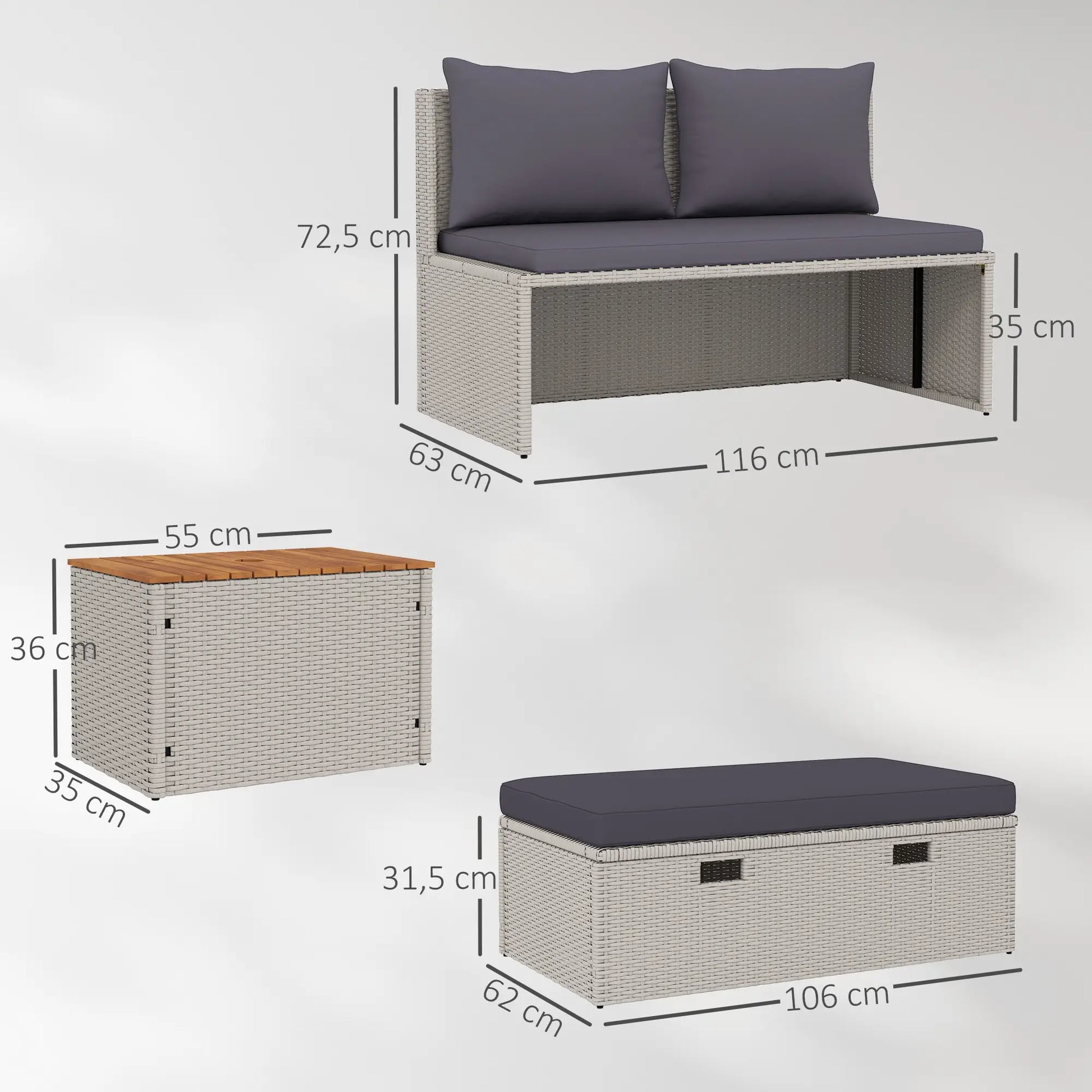 Nancy's Genazzano Loungebed - Ligbed - Tuinligstoel - Grijs - Acaciahout / Rotan