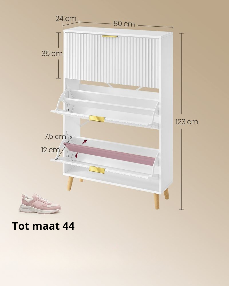 Nancy's Povo Schoenenkast - Schoenen opbergen - Geribbelde deuren - Wit - ± 80 x 25 x 125 cm