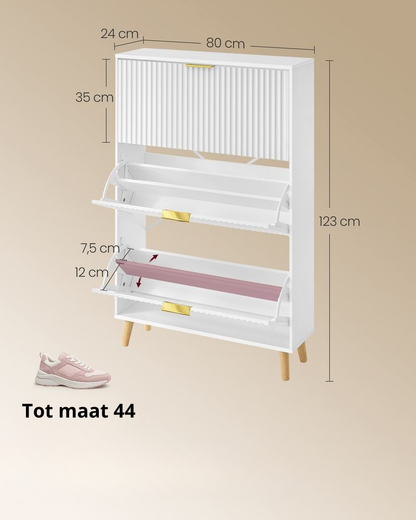 Nancy's Povo Schoenenkast - Schoenen opbergen - Geribbelde deuren - Wit - ± 80 x 25 x 125 cm