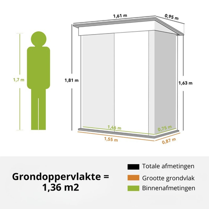 Nancy's Pellaro Opbergschuur - Gereedschapsschuur - Tuinschuur - Donkergrijs - Staal - ± 16 x 95 x 163/181 cm