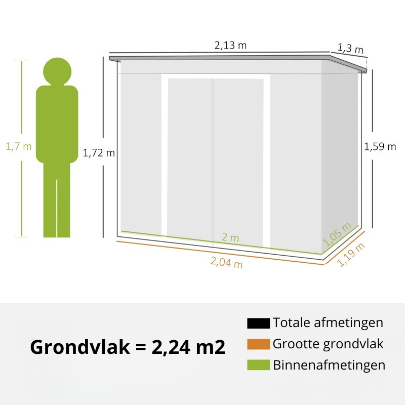 Nancy's Penango Opbergschuur - Gereedschapsschuur - Tuinschuur - Tuinhuisje - Grijs - Staal - ± 215 x 130 x 159/172 cm