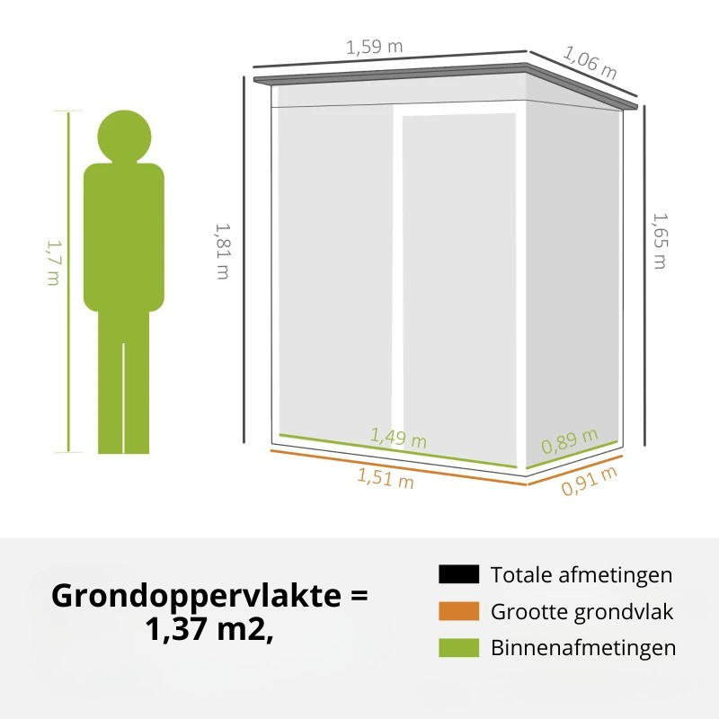 Nancy's Pula Opbergschuur - Tuinschuur - Gereedschapsschuur - Grijs - Staal - ± 160 x 105 x 165/181 cm