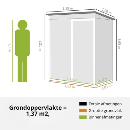Nancy's Pula Opbergschuur - Tuinschuur - Gereedschapsschuur - Grijs - Staal - ± 160 x 105 x 165/181 cm