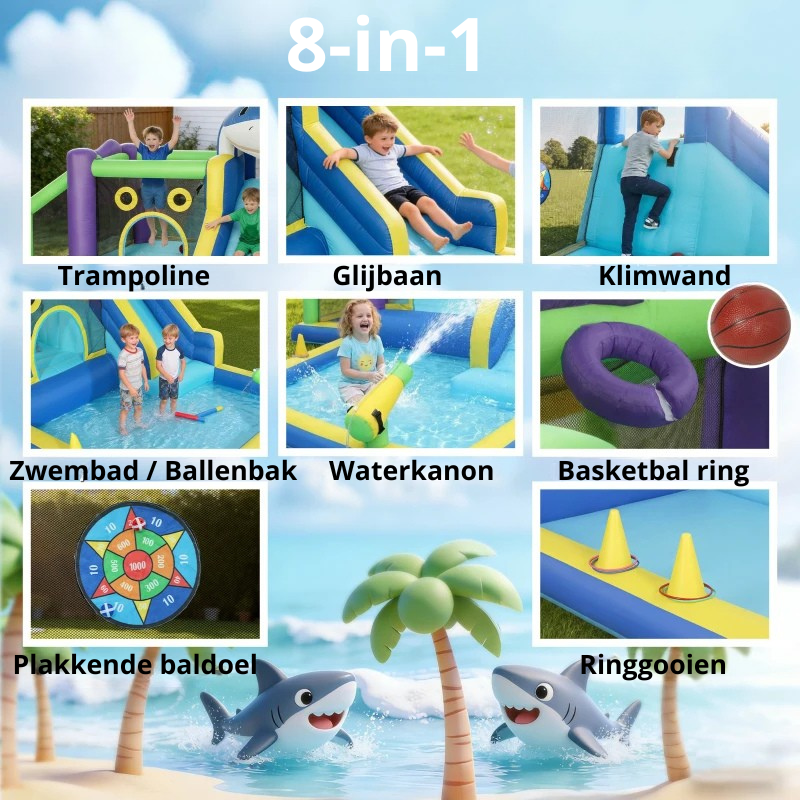 Nancy's Romallo Springkussen - 8-in-1 speelparadijs - Glijbaan - Waterkanon - Zwembad / Ballenbak - Meerkleurig - 405 x 345 x 235 cm