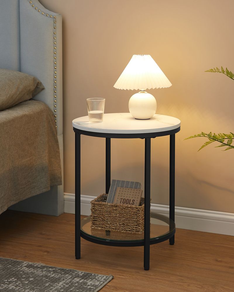 Nancy's Kirby Bijzettafel Wit Marmerlook - Zwart - Staal - Glas - Nachtkastje - Modern - 45 x 55 cm Ø x H