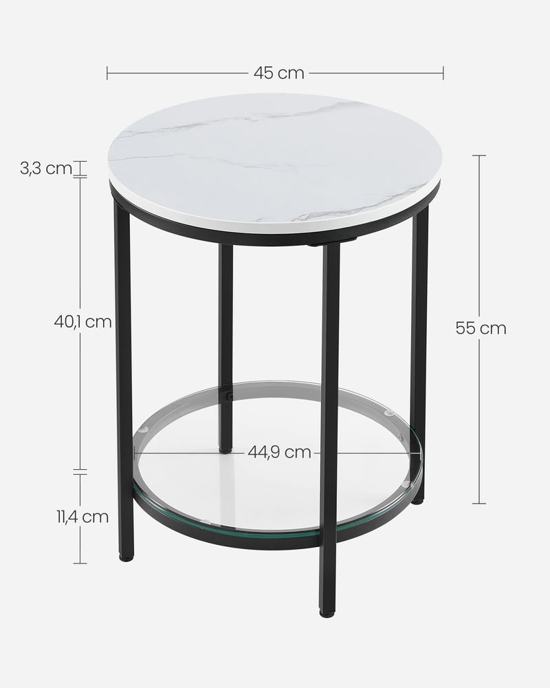 Nancy's Kirby Bedside Table White Marble Look - Black - Steel - Glass - Side Table - Modern - 45 x 55 cm (Ø x H)