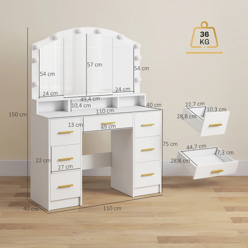 Nancy's Piobbico Kaptafel - Make Up Tafel - Hollywood Spiegel - Wit - 110 x 40 x 150 cm