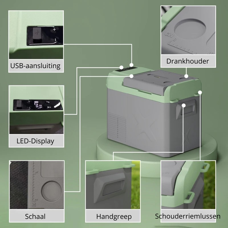 Nancy's Sovere Koelbox - Koeler - AC / DC Adapters - LED-Verlichting en Display - Grijs / Groen - 24,2 Liter