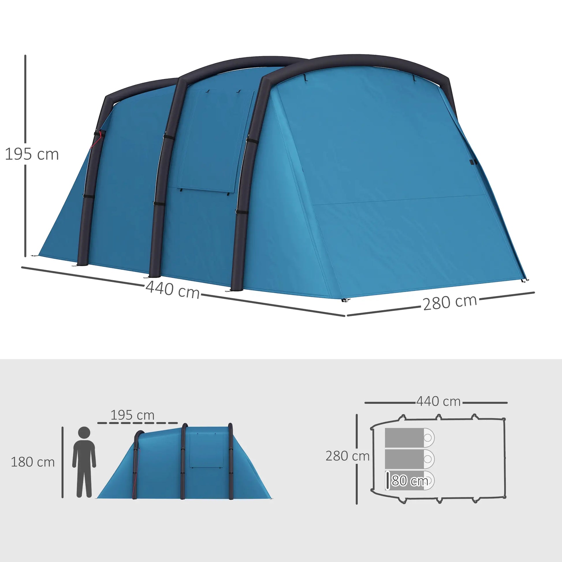 Nancy's Garlasco Kampeertent - Campingtent - Waterdicht & anti-UV - Opblaasbaar - Blauw - 440 x 280 x 195 cm