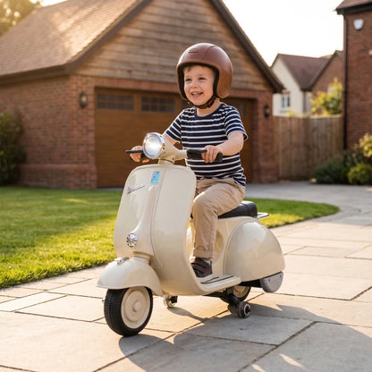 Nancy's Tolmezzo Elektrische Vespa voor Kinderen - Muziek en LED-koplamp - Afneembare zijwieltjes - Wit / Zwart