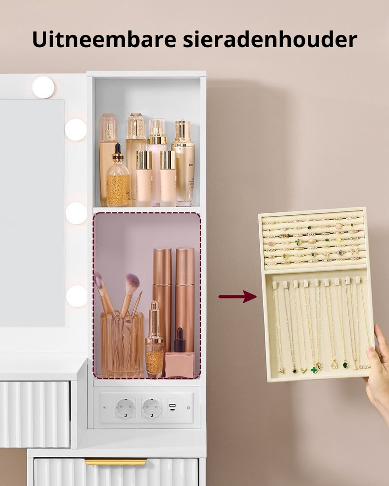 Nancy's Pinzolo Kaptafel met krukje - Make Up Tafel - Spiegel met LED Verlichting - Wit - 110 x 40 x 135 cm