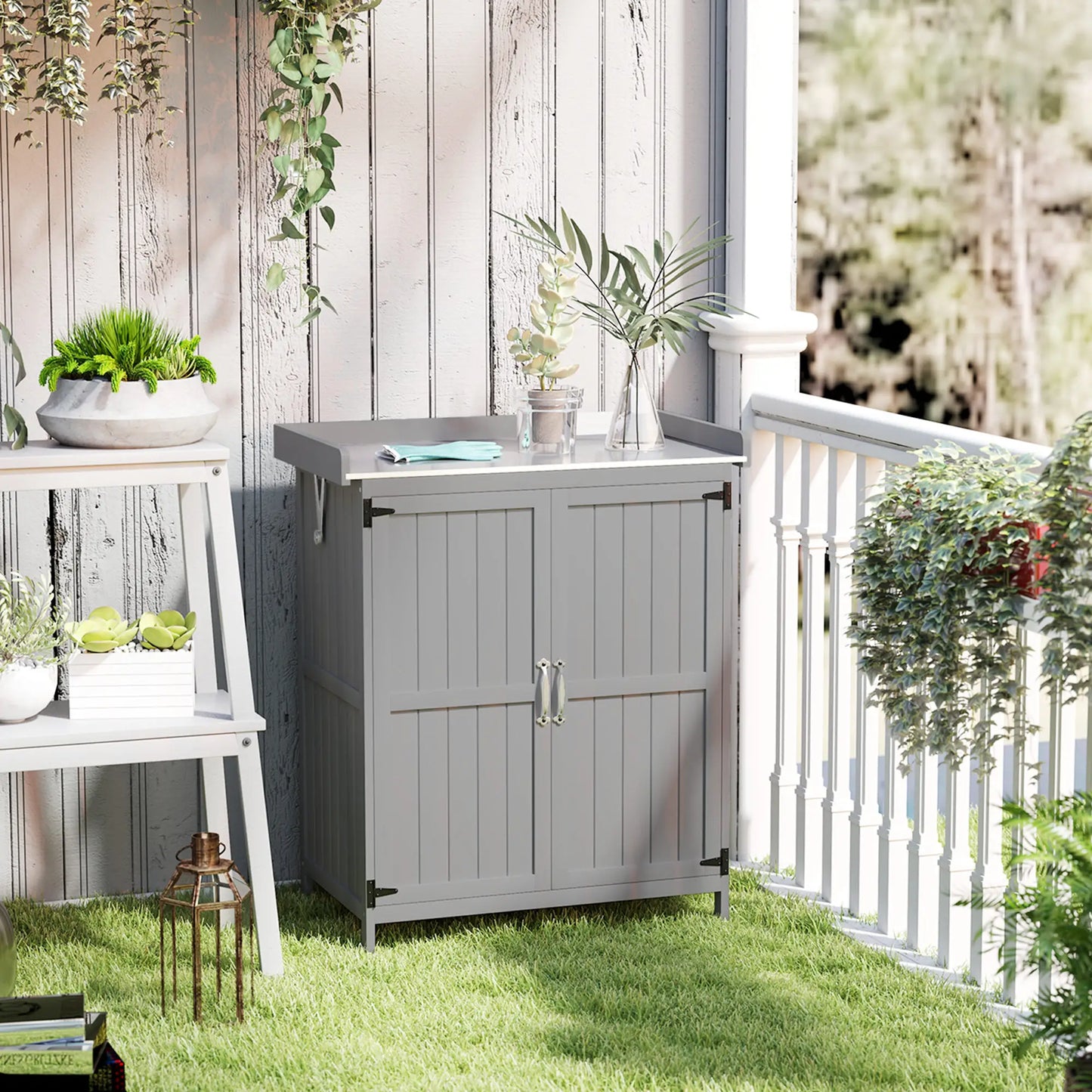 Nancy's Follina Planttafel - Tuinwerktafel - Tuinkast - Grijs - Dennenhout - ± 75 x 45 x 90 cm