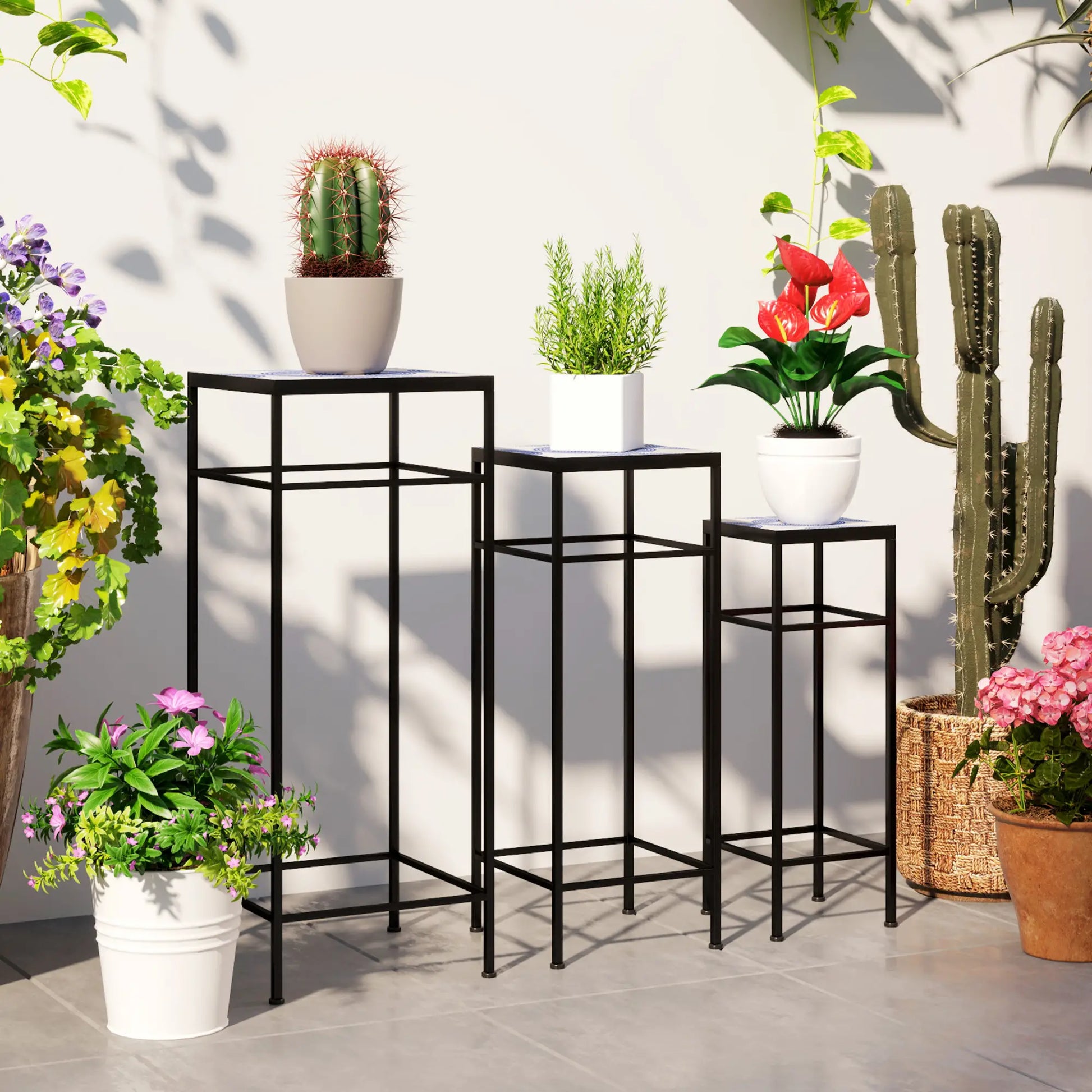 Nancy's Camaiore Plantenrek - Plantenstandaard - Bloemplank - Plantenzuil - Set van 3 - Blauw / Wit