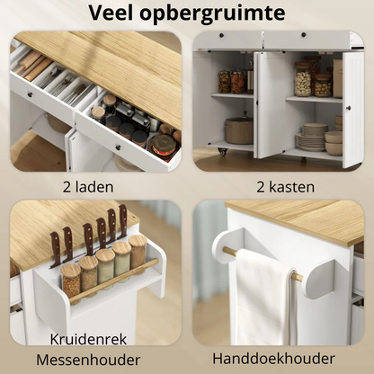 Nancy's Oriago Keukenkast - Vrijstaand keukeneiland - Buffetkast - Wit / Hout - ± 145 x 45 x 90 cm