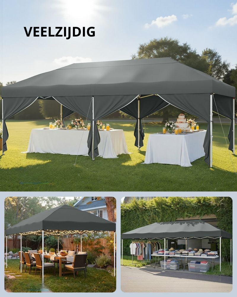 Nancy's Ruffano Partytent - Tuintent - Zonwering - Opvouwbaar - Afneembare zijwanden - Grijs - 600 x 300 x 260 cm
