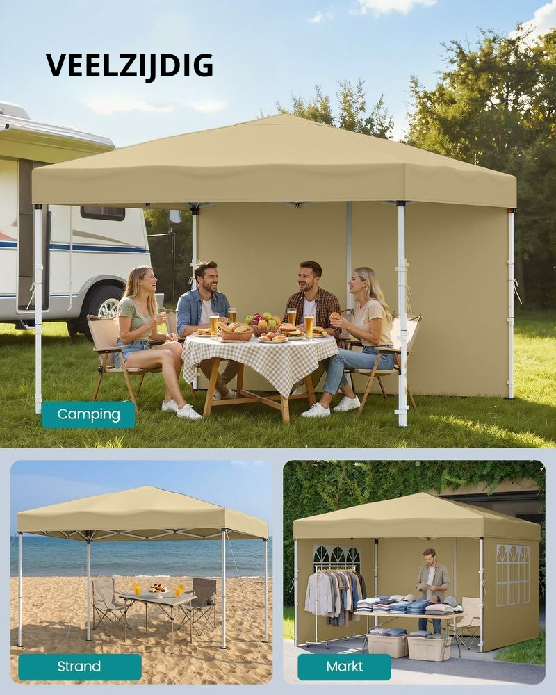 Nancy's Ruffre Partytent - Tuintent - Afneembare zijwanden - Zonwering - Opvouwbaar en draagbaar - Beige - 300 x 300 x 260 cm