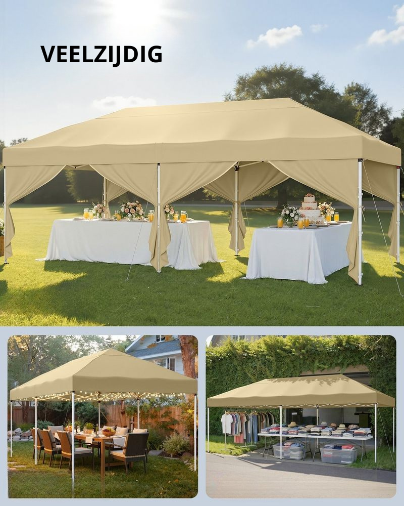 Nancy's Rufina Partytent - Tuintent - Afneembare zijwanden - UV-Wering - Opvouwbaar - Beige - 600 x 300 x 260 cm
