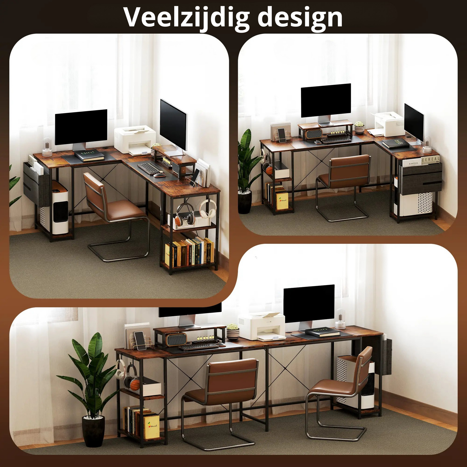 Nancy's Palmeira Bureau - Computertafel - L-vormig - Veelzijdig bureau met verstelbare planken - Monitorstandaard - Bruin
