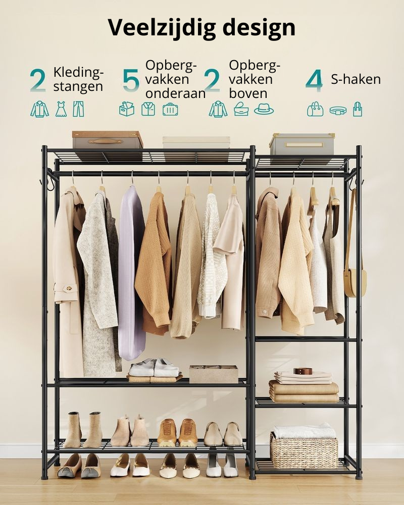 Nancy's Pradleves Kledingrek - Kledingstang - Garderoberek - Zwart - Staal - ± 125 x 30 x 155 cm