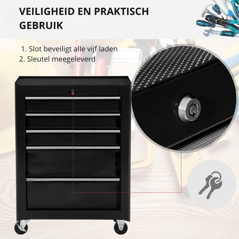 Nancy's Narni Gereedschapswagen - Werkplaatswagen - Gereedschapskist - Zwart - Staal - ± 60 x 35 x 80 cm