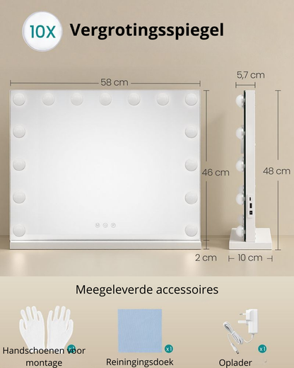 Nancy's Ternate Make-Up Spiegel - Hollywood Spiegel - Make Up Spiegel met Verlichting - Wit - 48 x 58 x 5,7 cm