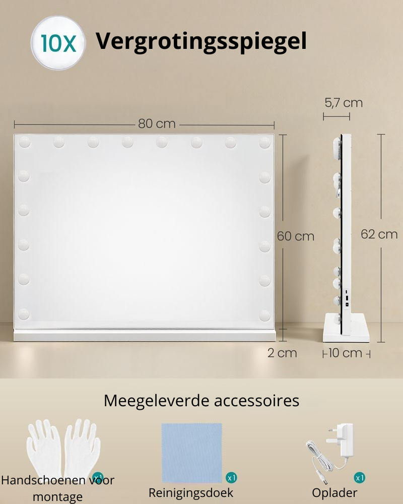 Nancy's Terracina Make-Up Spiegel - Hollywood Spiegel - Make Up Spiegel met Verlichting - Wit - 62 x 80 x 5,7 cm